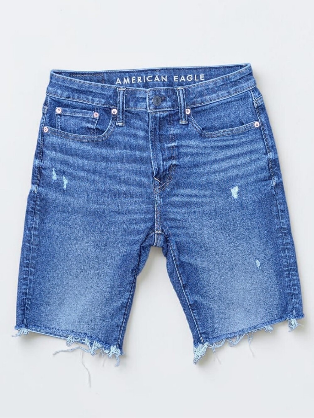 American Eagle Outfitters Airflex Distressed Raw Hem Blue Denim Shorts, Men's 30